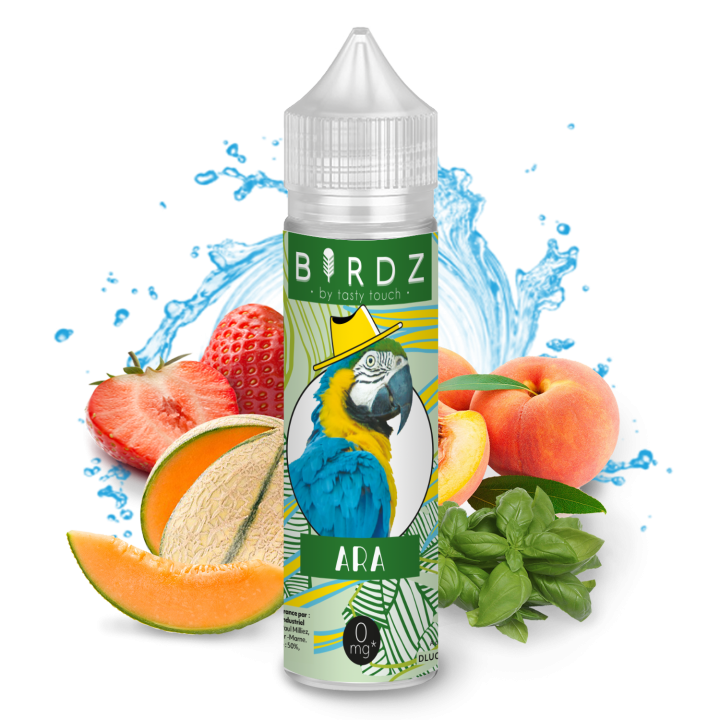 Ara - Tasty e-liquide goût pêche, melon, fraise et basilic frais 50PG/50VG